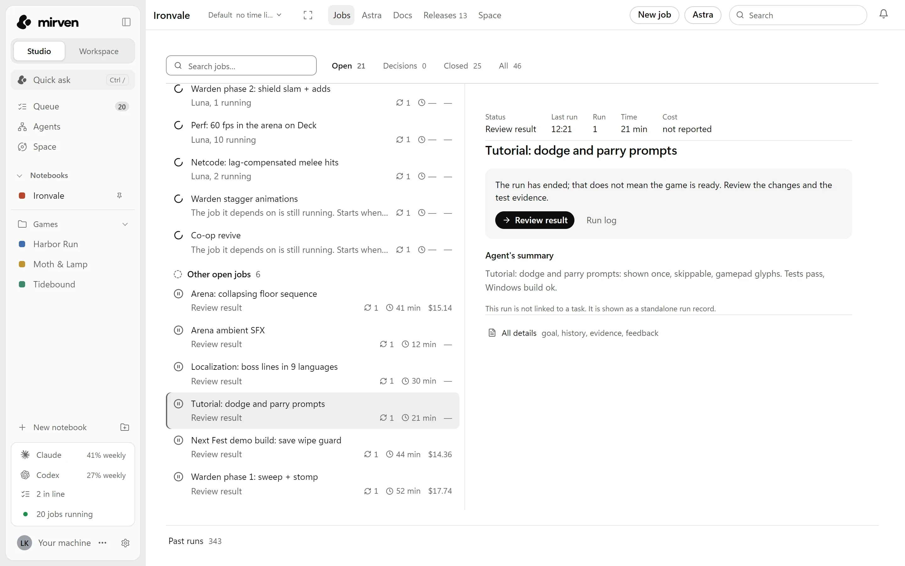Jobs list with a job ready for review