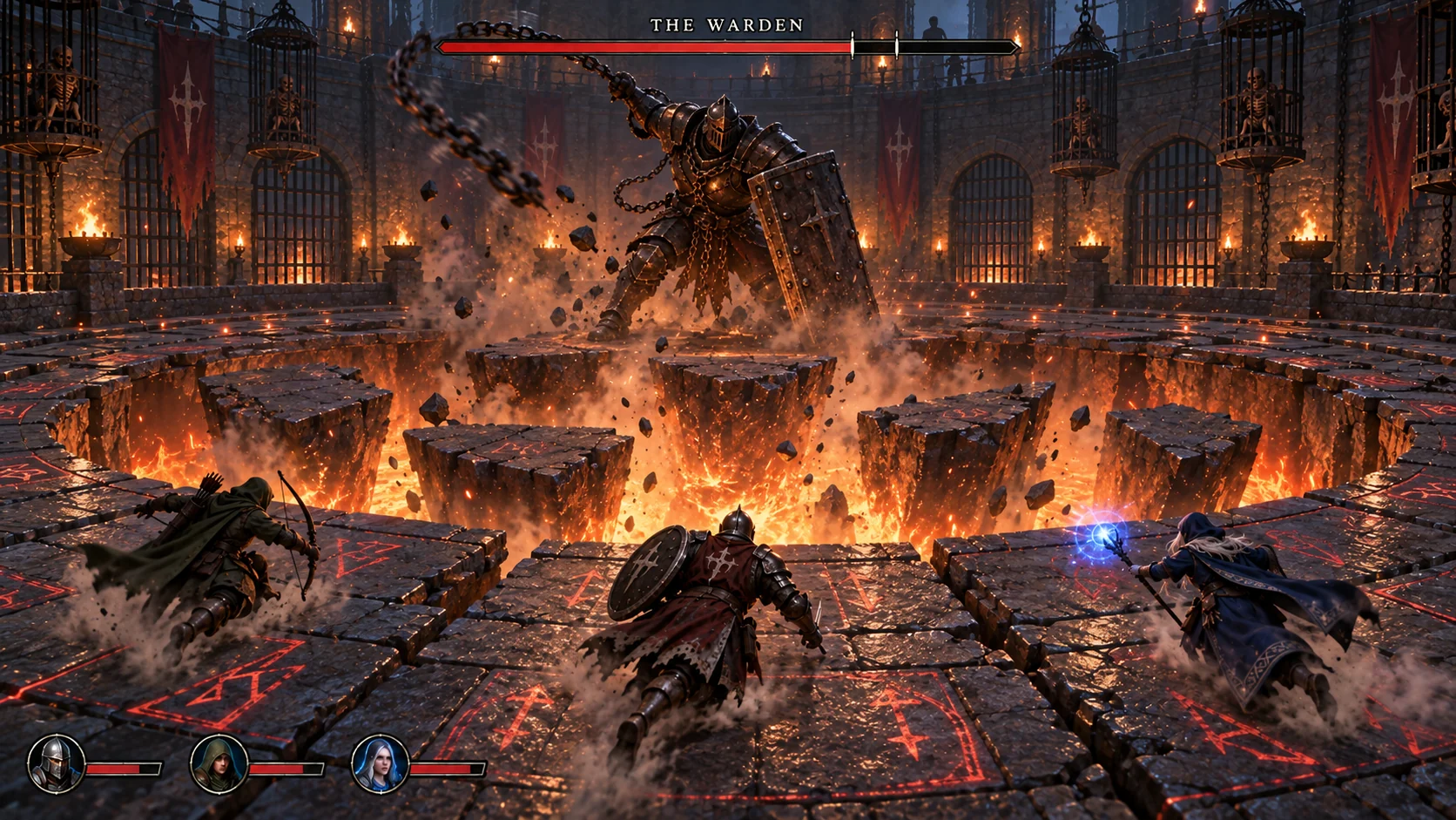 Phase two: the arena floor collapses tile by tile into a molten pit while players dodge to safe tiles