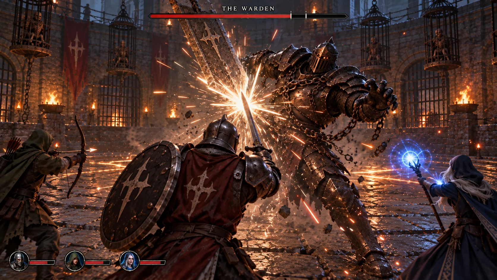 A knight parries the Warden’s greatsword with a bright parry flash
